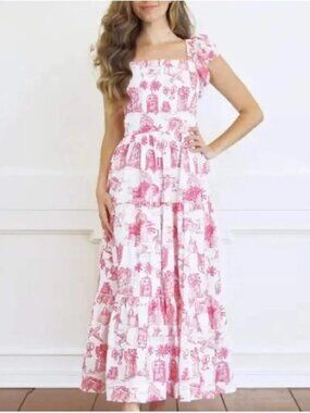 8 Oak Lane Pink Toile Smocked Maxi Dress Sz L Flutter Sleeve Travel Print